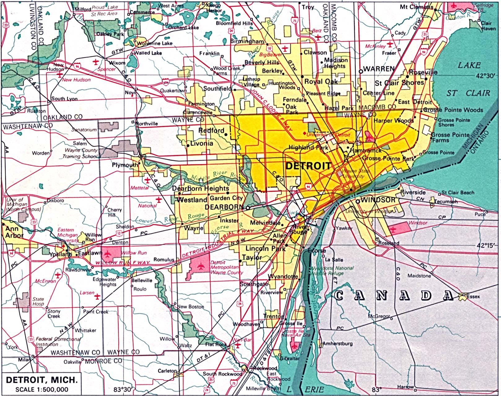 detroit harta Harta e Detroit dhe periferi   Periferi të Detroitit hartë 